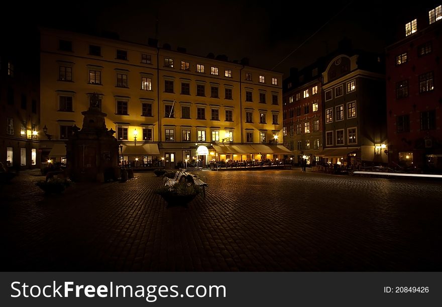 A night scene at a square in Stockholm