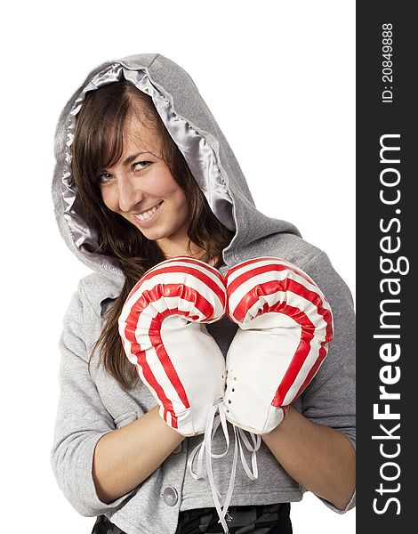 Girl shows a heart with boxing gloves. Girl shows a heart with boxing gloves