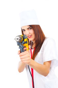 Mad Nurse Wants To Drill You Royalty Free Stock Photography Mad Nurse Wants To Drill You Royalty Free Stock Photography
