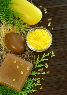 Soap, Stones And Bath Salt On Wooden Stock Photography Soap, Stones And Bath Salt On Wooden Stock Photography