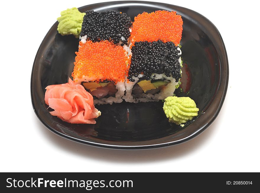 Closeup sushi on black plate
