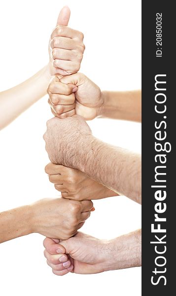 Three persons having six fists stacked over white background