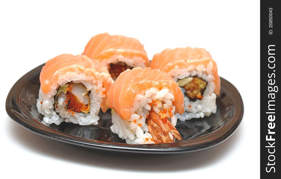 Closeup sushi on black plate