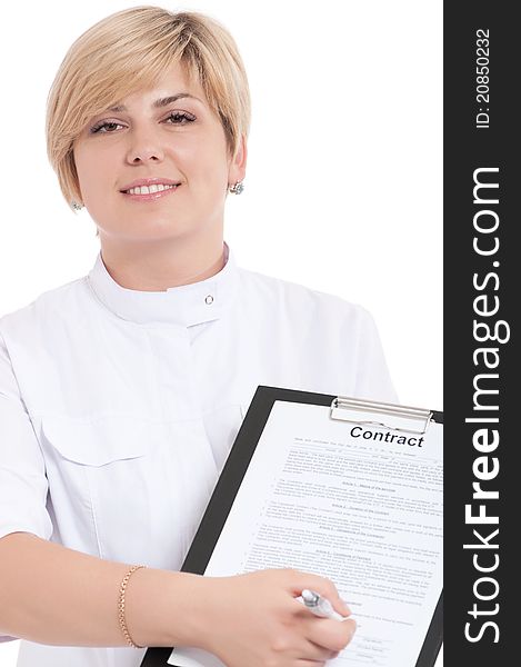 Portrait of smiling female doctor holding a clipboard - isolated over a white background