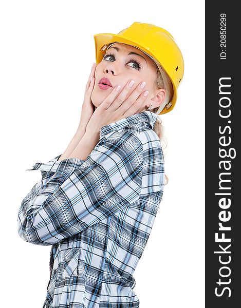 Portrait of attractive architect girl with hard hat - isolated on white background