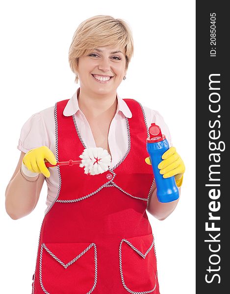 Happy young housewife with toilet brush - isolated on white background