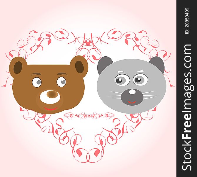 Bear and lemur face with love heart. Bear and lemur face with love heart