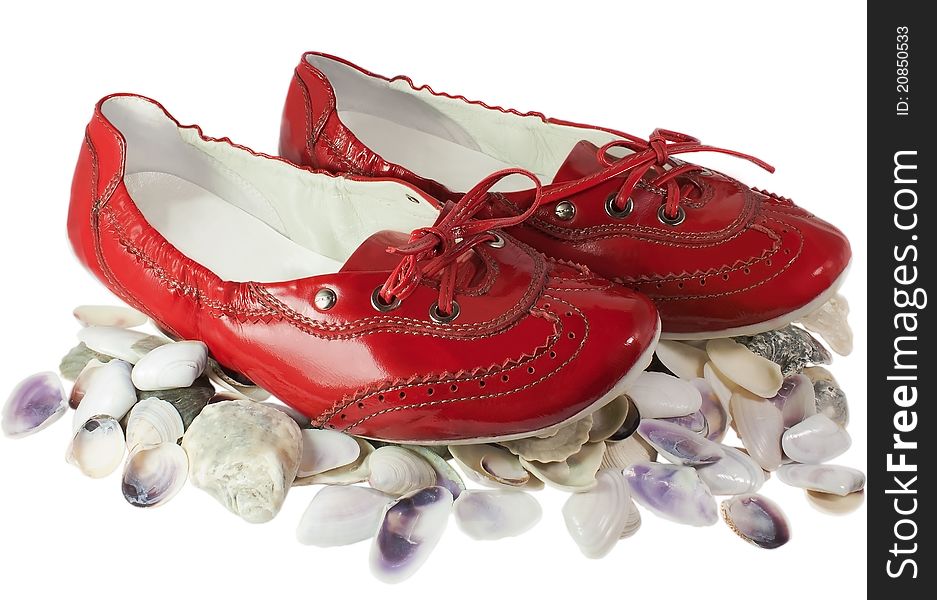 Red lady ballet flat shoes and seashells isolated