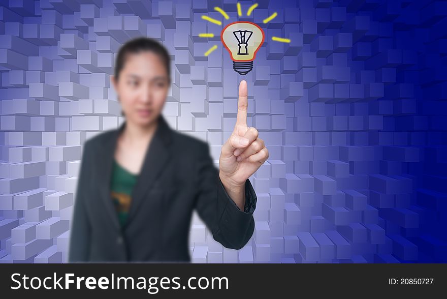 Business woman get idea with light bulb on her finger. Business woman get idea with light bulb on her finger