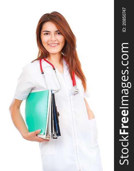 Young medical smiling woman doctor carrying medical files. Young medical smiling woman doctor carrying medical files