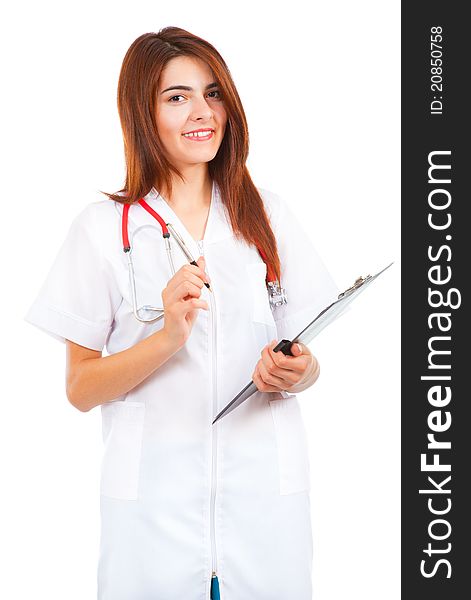 Young medical female doctor writes isolated on white background. Young medical female doctor writes isolated on white background