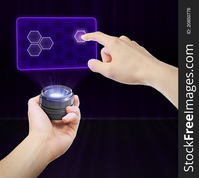 Hand pressing button on futuristic holographic screen. Hand pressing button on futuristic holographic screen.