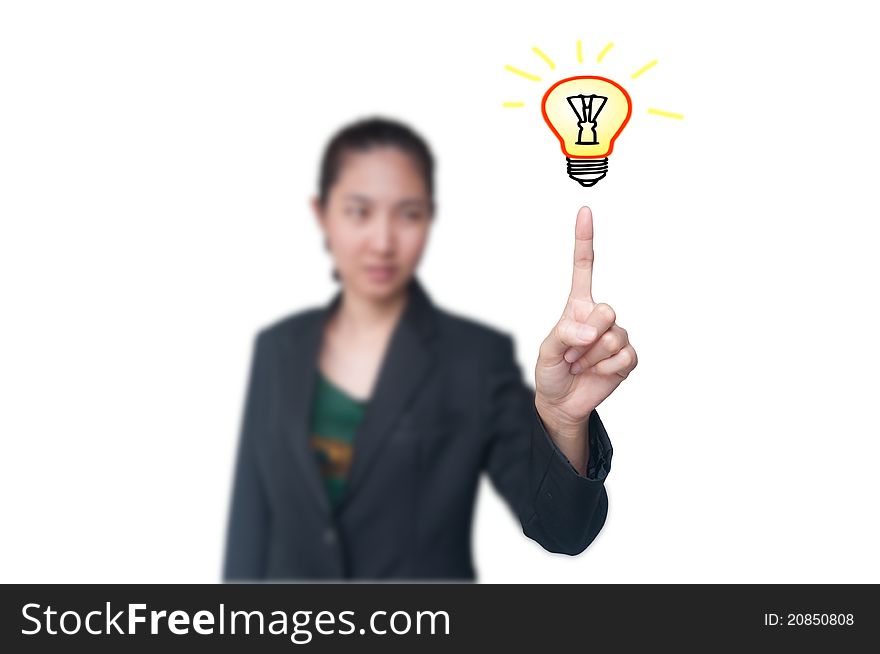 Business woman get idea with light bulb on her finger. Business woman get idea with light bulb on her finger