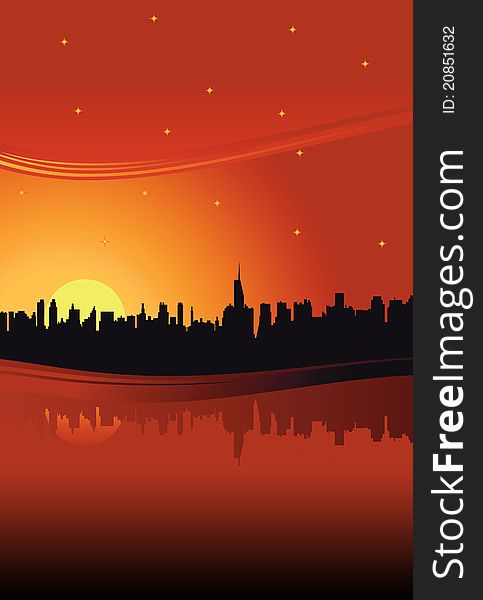 Red sunset and city,city silhouette and sky