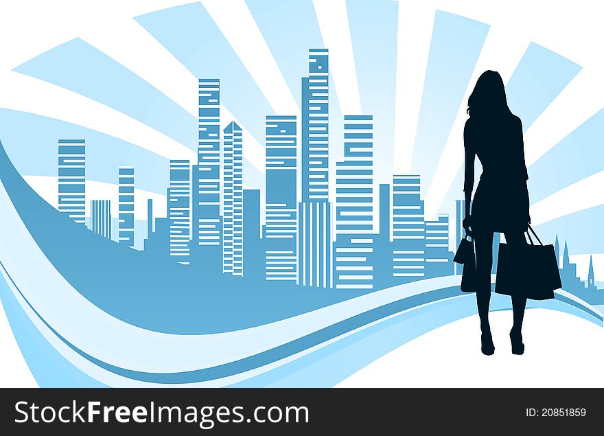 Shopping girl and city,blue city and woman