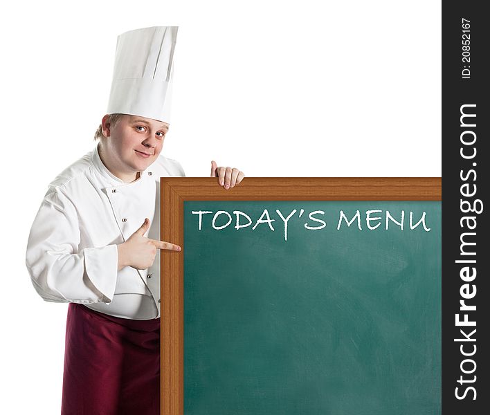 Male chef holding a notice board over a white background