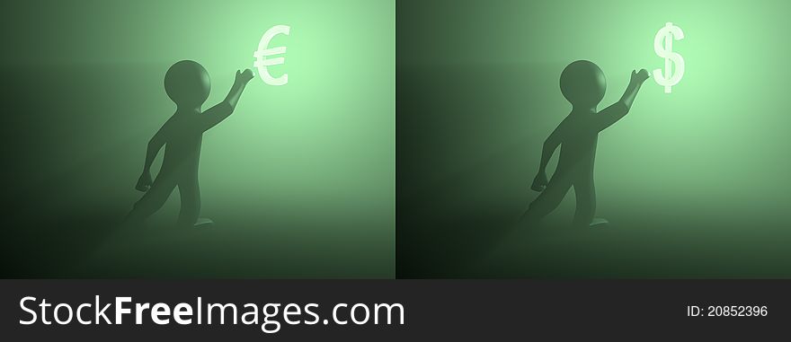 Render of a person reaching for a currency symbol. Render of a person reaching for a currency symbol