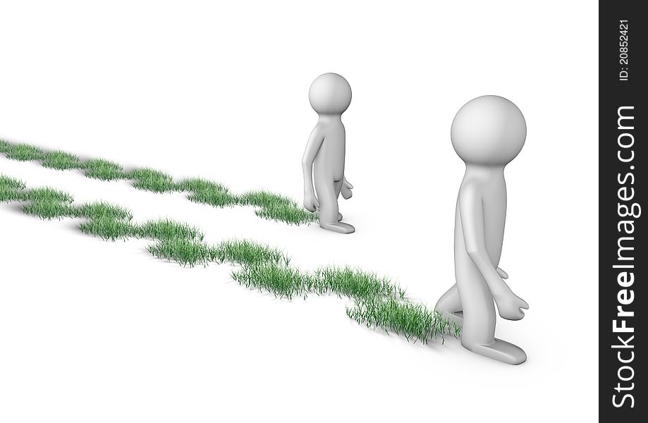 Render of 2 people walking, grass grows wherever they walk. Render of 2 people walking, grass grows wherever they walk