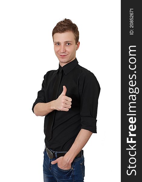 Happy casual young man showing thumb up on white background