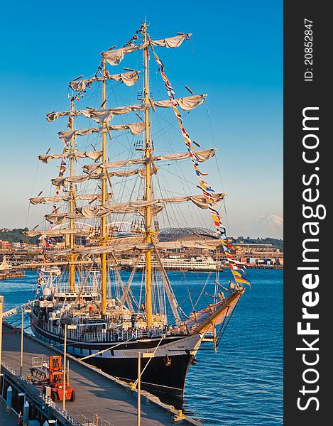 Russian sailing frigate Pallada on pier 66 in the port city of Seattle.