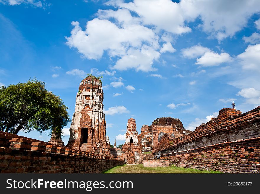 Red brick stupa in wat Chai Wattanaram in Ayuthaya in Thailand. Red brick stupa in wat Chai Wattanaram in Ayuthaya in Thailand