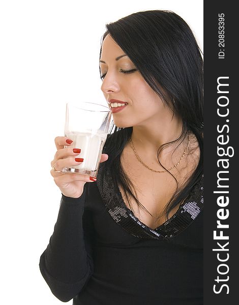 Beautiful Brunette Woman Holding Glass Of Milk