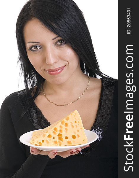 Young brunette in black holding a plate with a slice of cheese. Young brunette in black holding a plate with a slice of cheese
