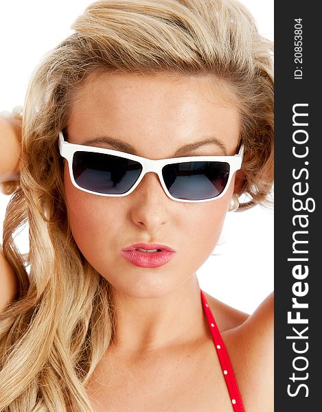 Image showing pretty female in red swimsuit and sun glasses. Image showing pretty female in red swimsuit and sun glasses