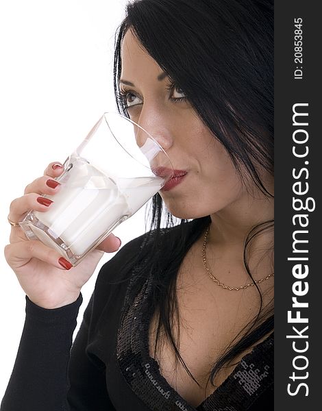 Brunette Girl In A Black Pullover Drinking Milk