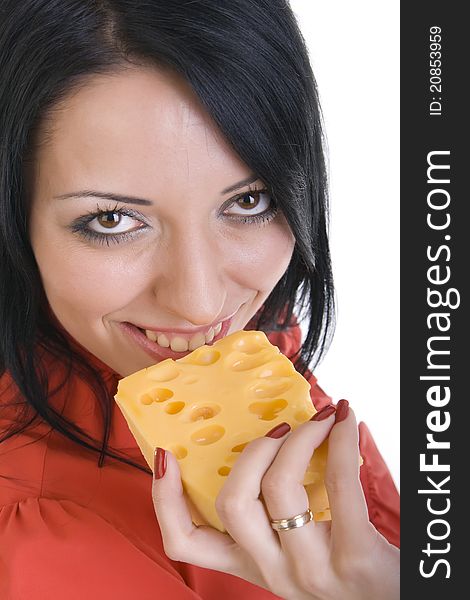 Young beautiful girl in red, with a delicious slice of cheese in hand. Young beautiful girl in red, with a delicious slice of cheese in hand