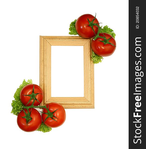 Wooden frame and frech tomatoes isolated on white background