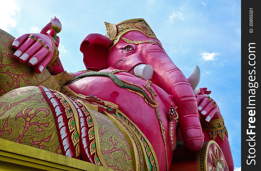 Pink ganecha in relaxing protrait on blue sky and white cloud,Wat Samarn, Chachoengsao,Thailand.