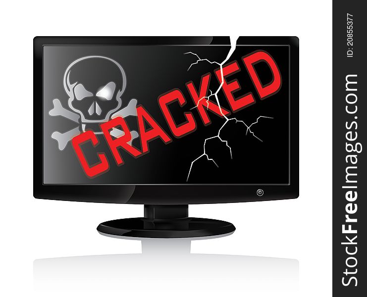 Monitor with crack and pirate skull in white background. Monitor with crack and pirate skull in white background