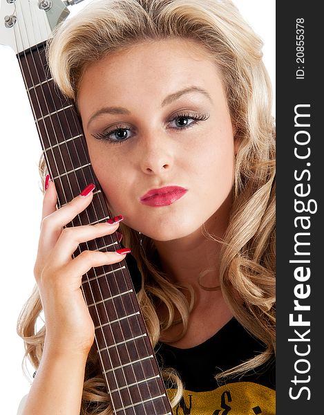 Pretty Blonde Female Posing With Guitar