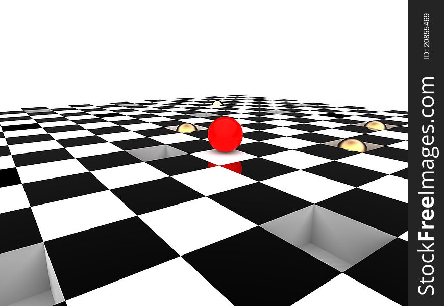 3d illustration of checkerboard to illustrate with red ball the risk of strategy. 3d illustration of checkerboard to illustrate with red ball the risk of strategy