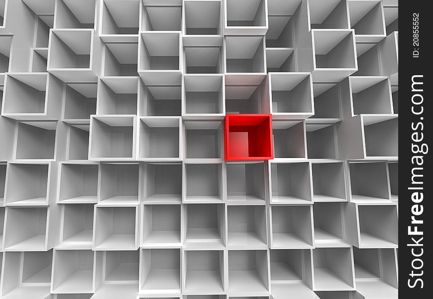 3d illustration of perspective of lot of empty white and red box. 3d illustration of perspective of lot of empty white and red box