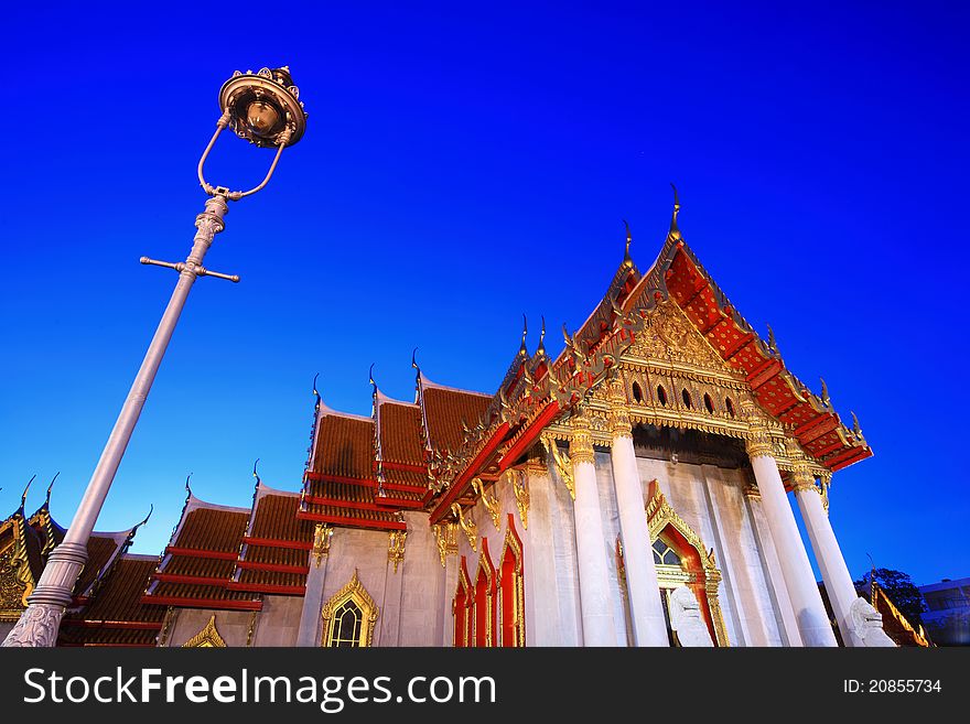 Marble Temple In Bangkok Thailand At Twilight