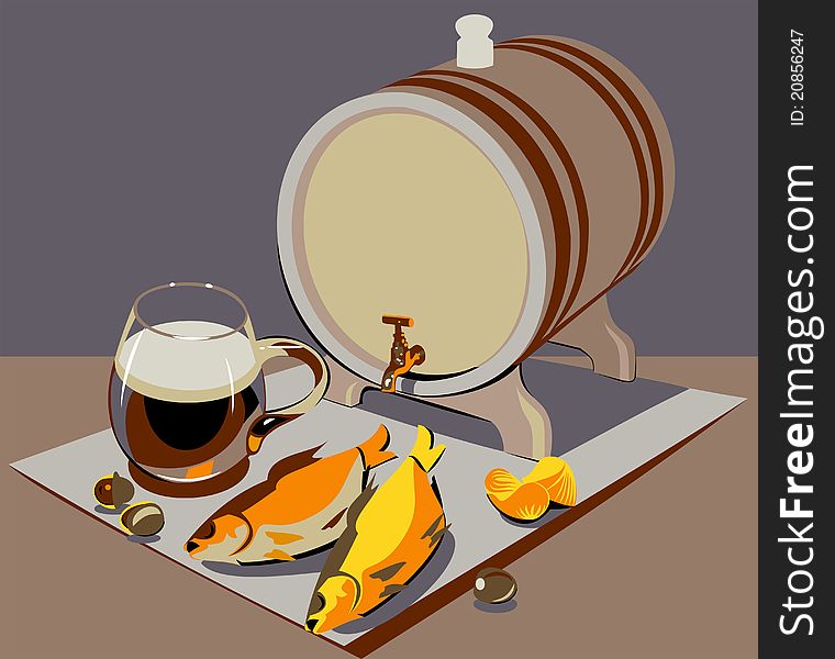 Beer barrel, mug and fish. Beer barrel, mug and fish