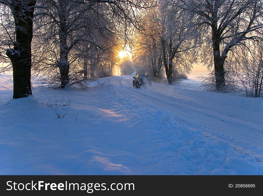 Route filled in with the snow in the frosty winter. Route filled in with the snow in the frosty winter