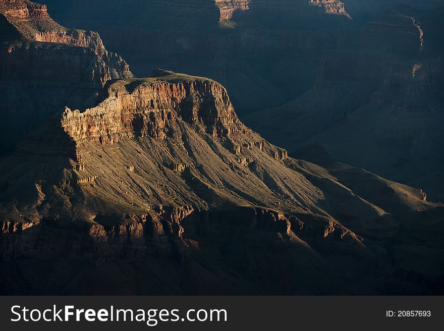 Detail of Grand Canyon mesa in morning shadows