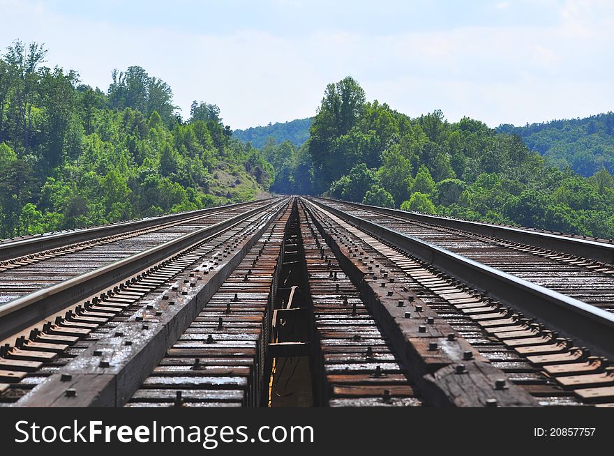 Railroad Tracks over 150 high Trestle Falls Summit Railway Bridge. Railroad Tracks over 150 high Trestle Falls Summit Railway Bridge.