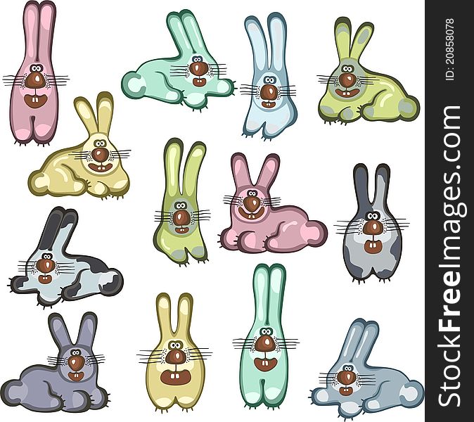 Different cartoon rabbits on the white background