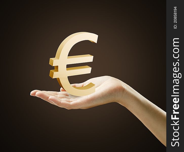 3d Gold Euro Sign on a hand.On a black background