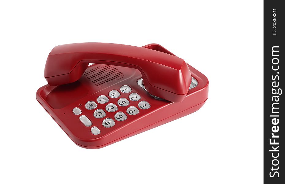 Ordinary red telephone on white background. Isolated with clipping path