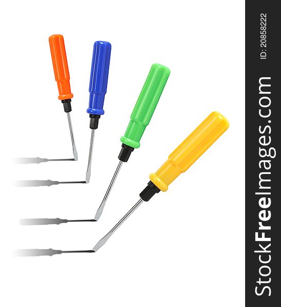 Few screwdrivers with color plastic handles standing in a row on white background. Clipping path is included. Few screwdrivers with color plastic handles standing in a row on white background. Clipping path is included