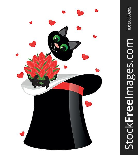 Friendly cartoon cat on hat holding a flowers. Friendly cartoon cat on hat holding a flowers