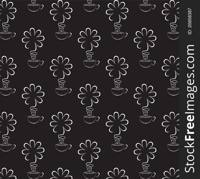 Black seamless background with cup and flower