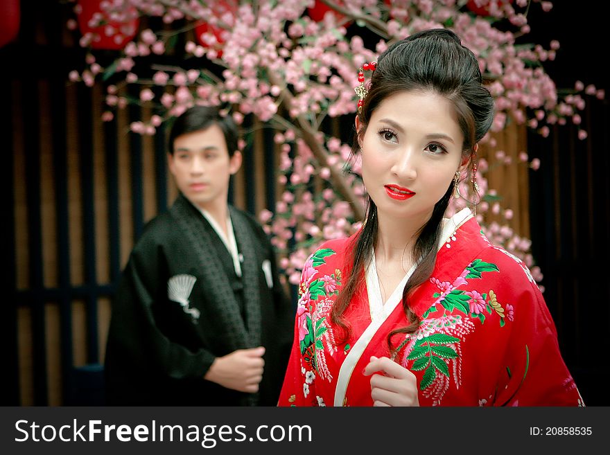Portrait of young lovely couple in japan dress. Portrait of young lovely couple in japan dress