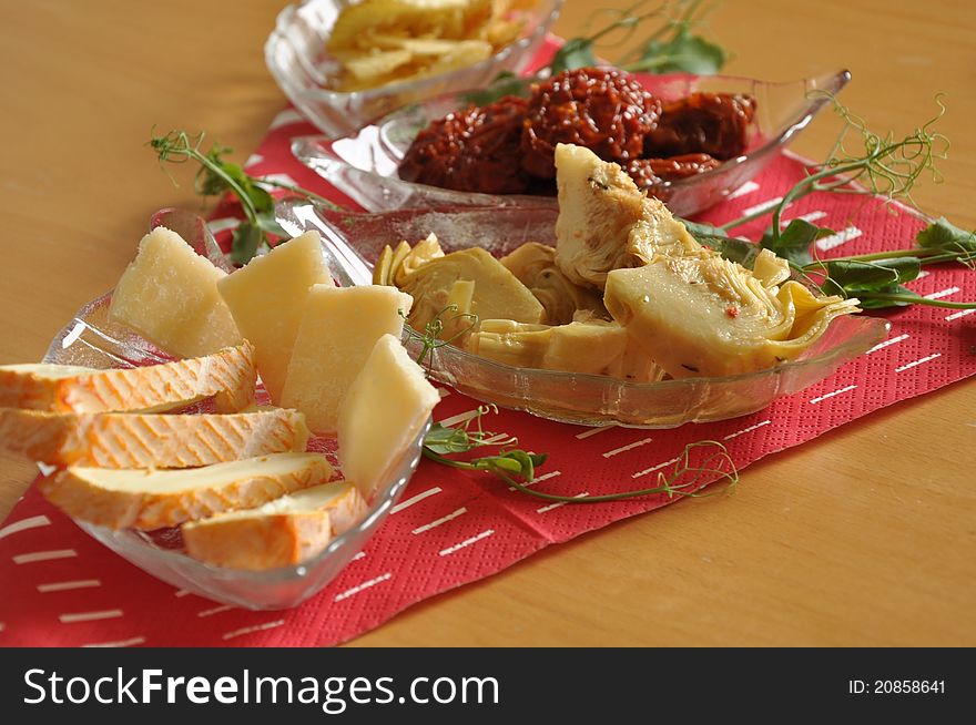 Food On Glass Plates On Red Napkin