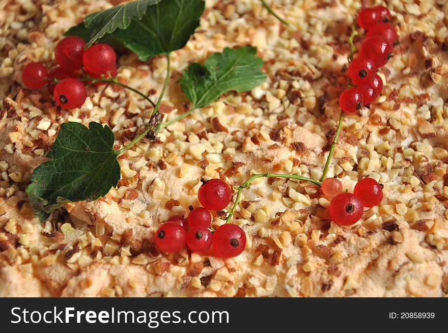 Redcurrant berries and leafs on nut pieces on cake. Redcurrant berries and leafs on nut pieces on cake